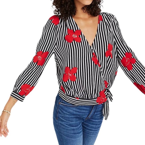 Madewell stripped black and white wrapped blouse with candied orchards - Picture 1 of 4